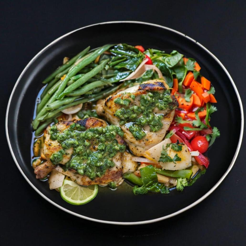 Two pieces of baked chicken thigh covered with Chimichurri sauce with assorted vegetables and a slice of lime on a black plate