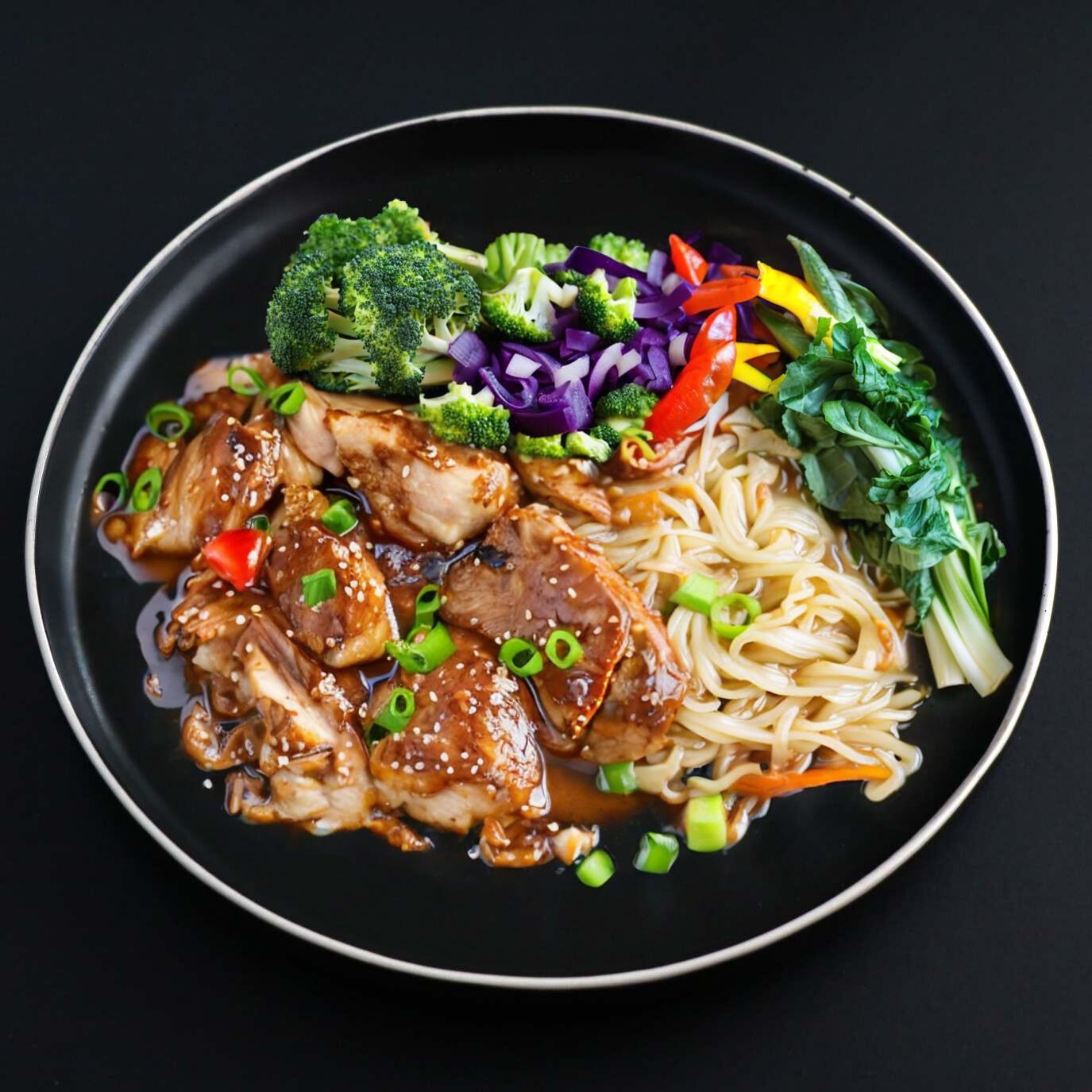 A plate of Gourmet teriyaki chicken thighs with broccoli, cabbage, and rice noodles.