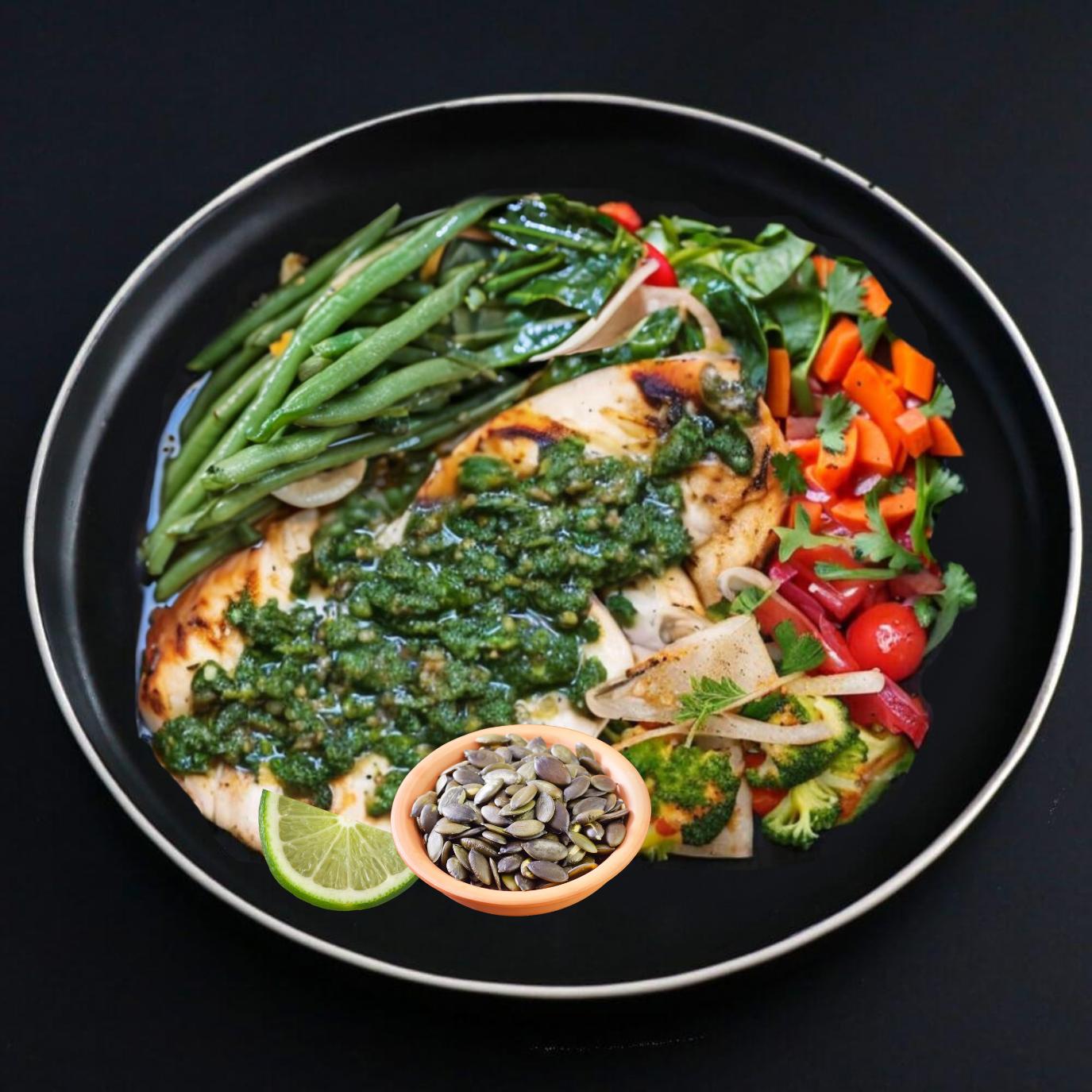 Juicy and tender keto chicken thighs topped with freshly made chimichurri sauce, complemented with assortment of vegetables and topped with pumpkin seeds.