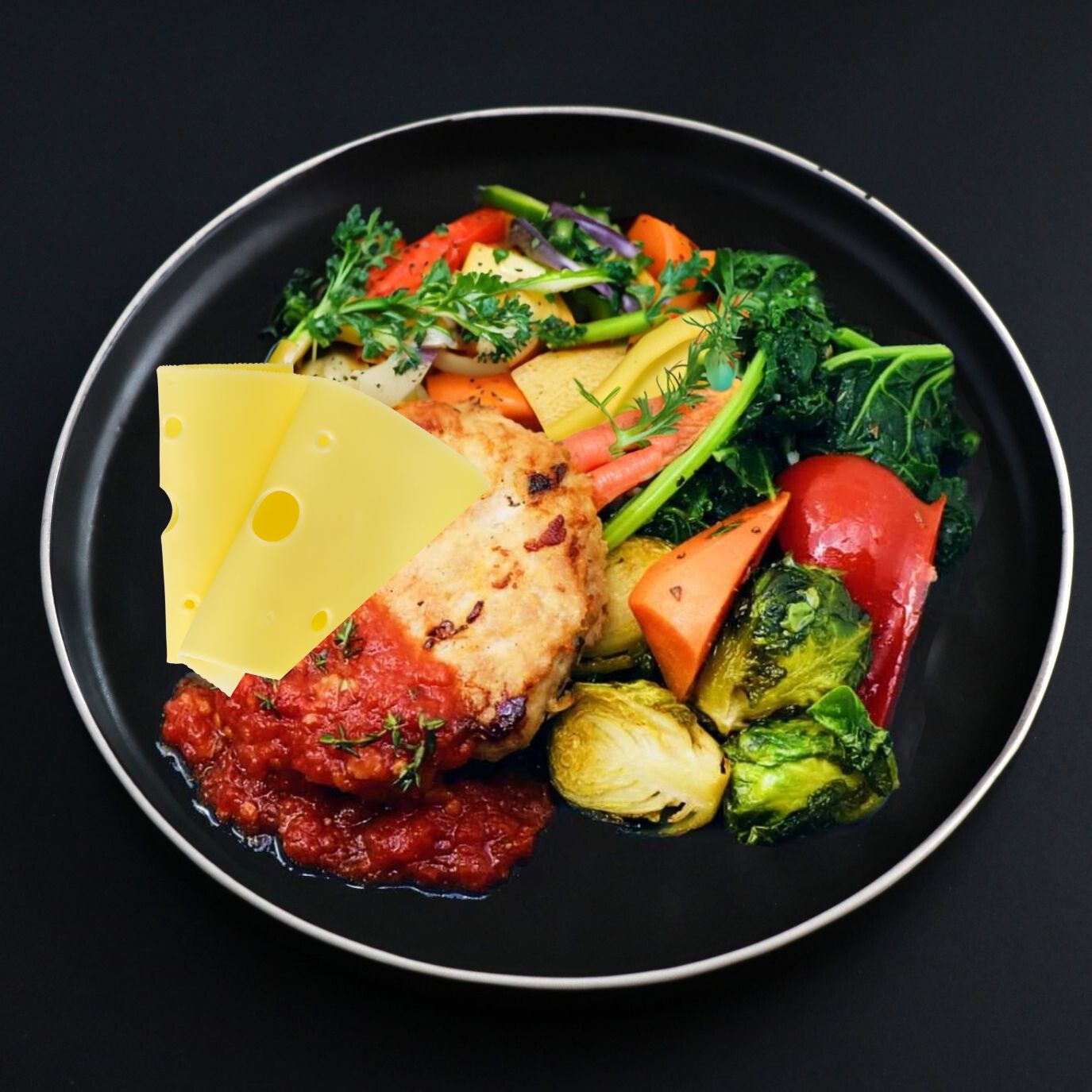 Plate of a keto Mediterranean slider topped with a slice of a Swiss cheese and a homemade tomato jam with herbs, accompanied with variety of seasonal veggies.