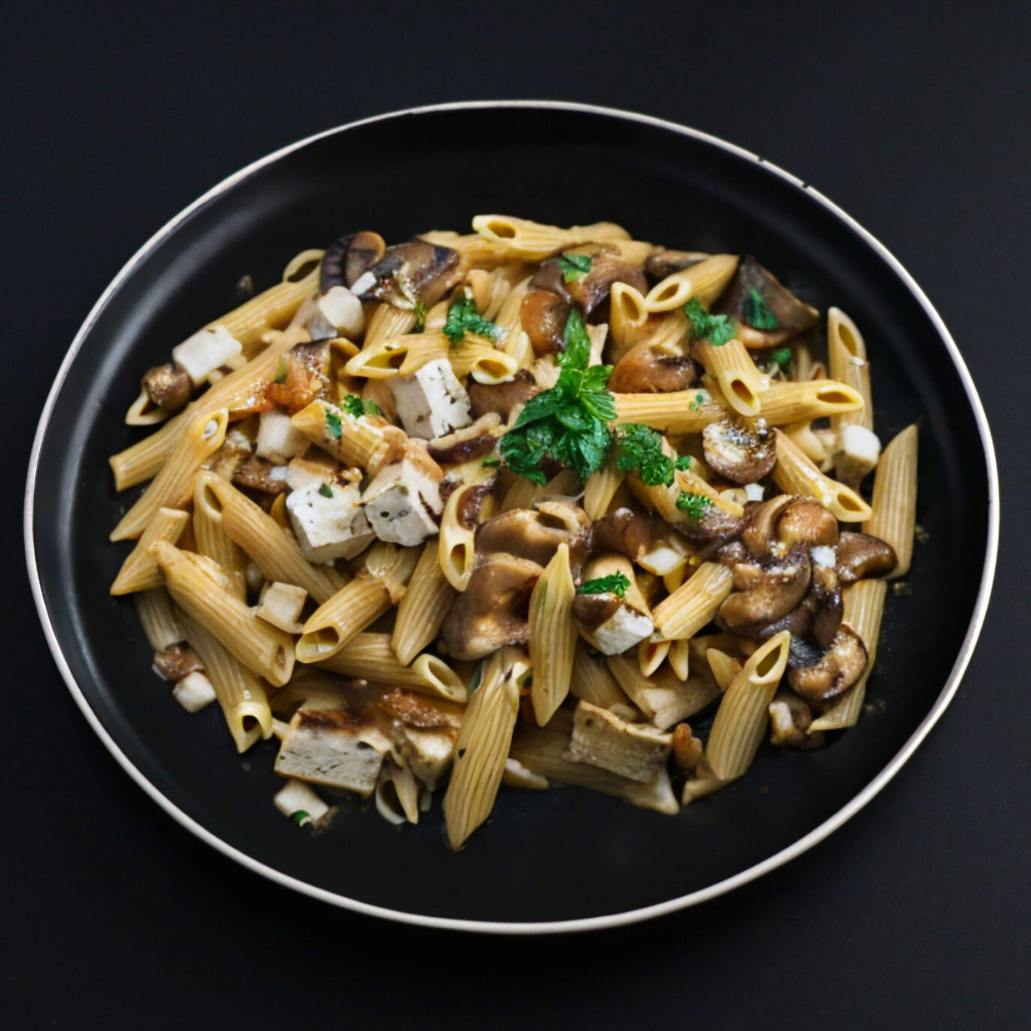 Vegan pasta dish consists of al-dente penne pasta with vegan creamy sauce, pieces of mushrooms and tofu cubes, garnished with parsley and basil.