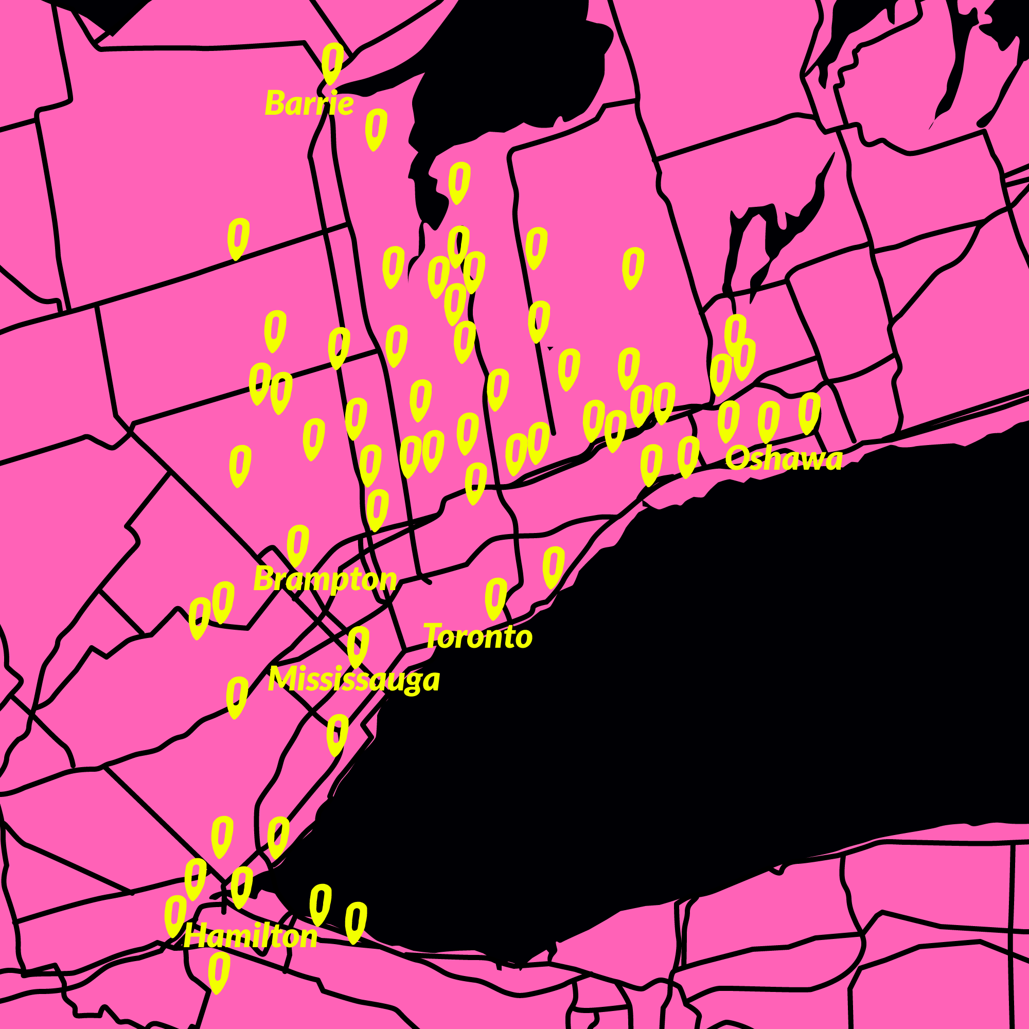 Pink and black map reflecting our service area of delivery service. 