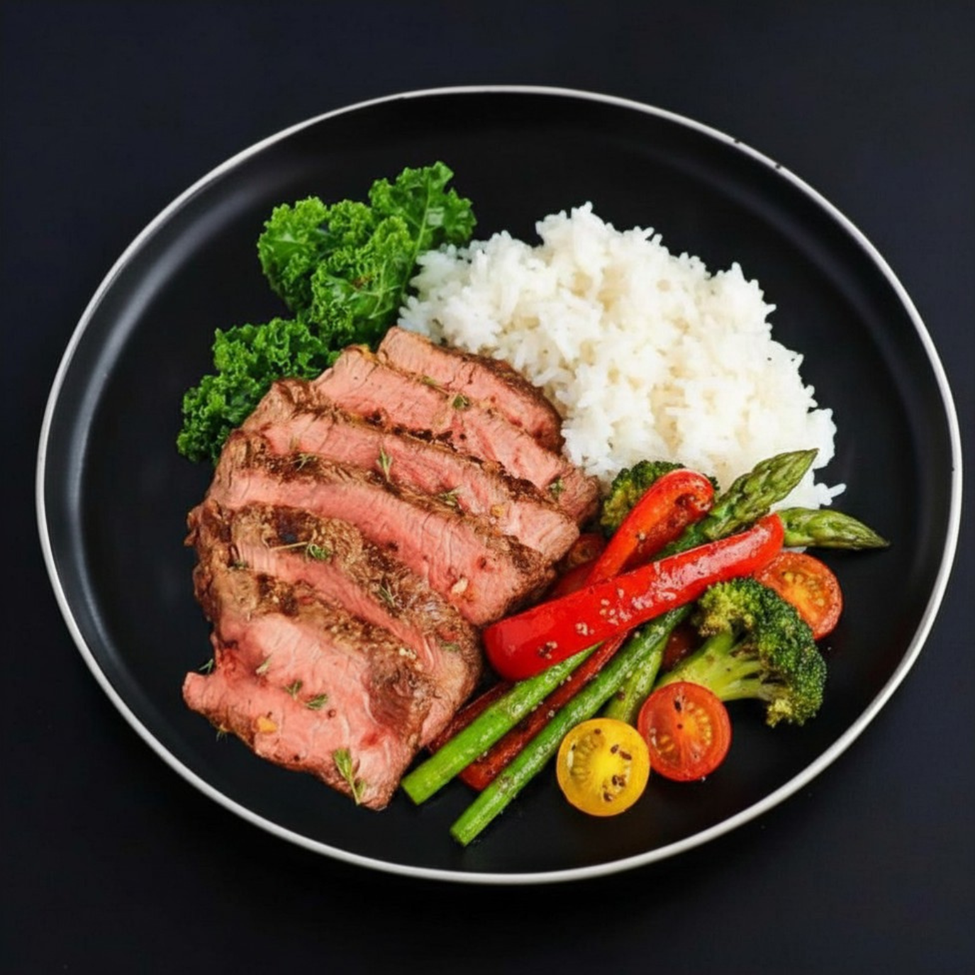 A plate of grilled steak with vegetables including a piece of pineapple, a tomato, and mushrooms, served with jasmine rice and garnished with herbs.