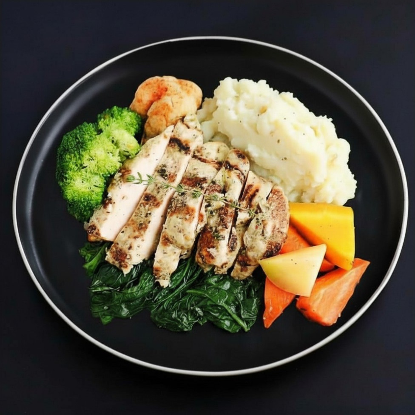 A black plate containing grilled chicken breast, mashed potatoes, and mixed vegetables including broccoli, cauliflower and carrots.