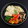 A plate containing baked cod fillet accompanied by a side of quinoa and vegetables, including mushrooms, green beans, and bell peppers.