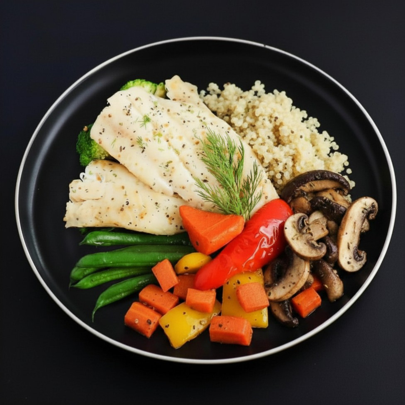 A plate containing baked cod fillet accompanied by a side of quinoa and vegetables, including mushrooms, green beans, and bell peppers.
