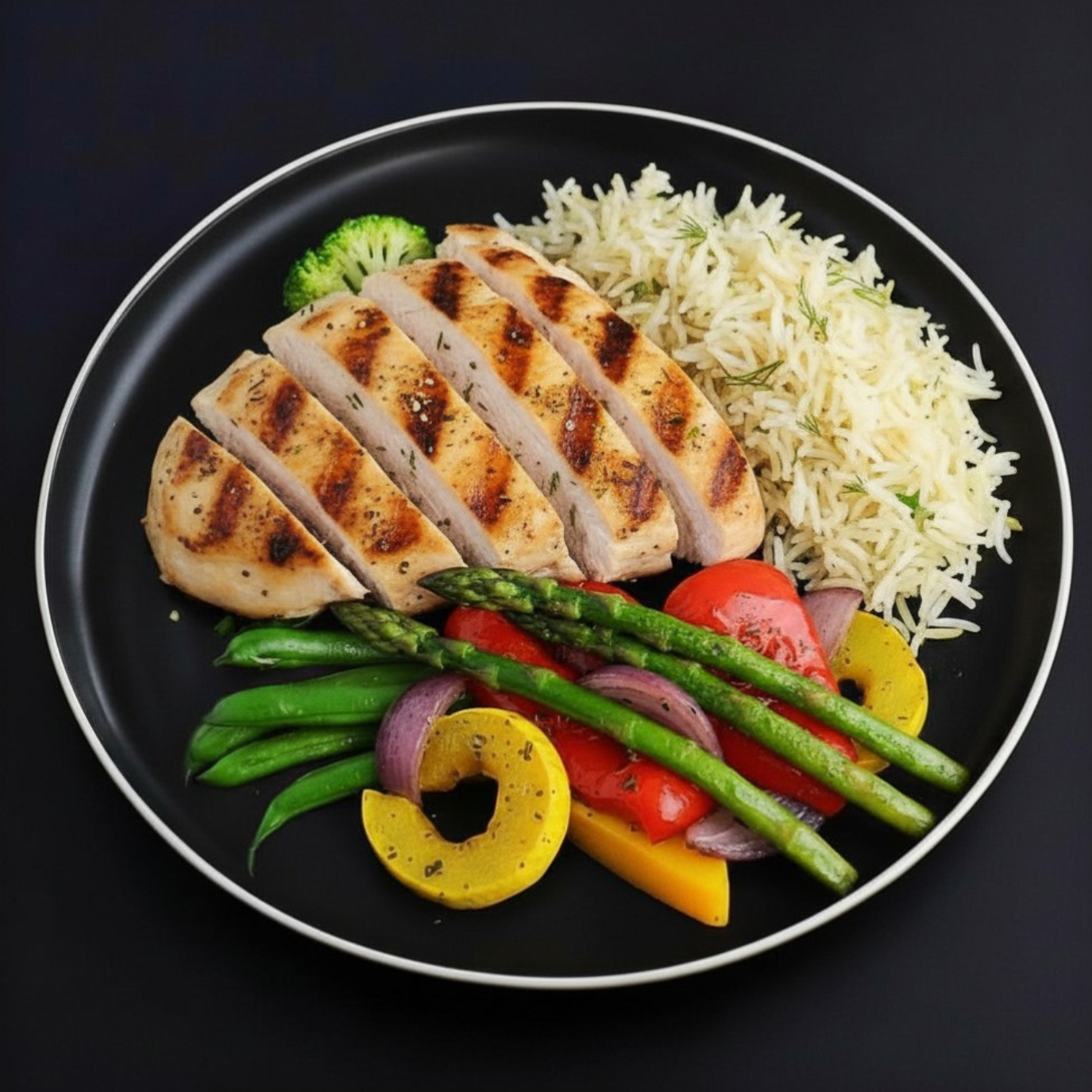 A plated meal on a black plate with a white rim, featuring sliced grilled chicken breast, basmati rice, green beans, asparagus, tomatoes, red onion, and yellow bell pepper slices on a dark background.