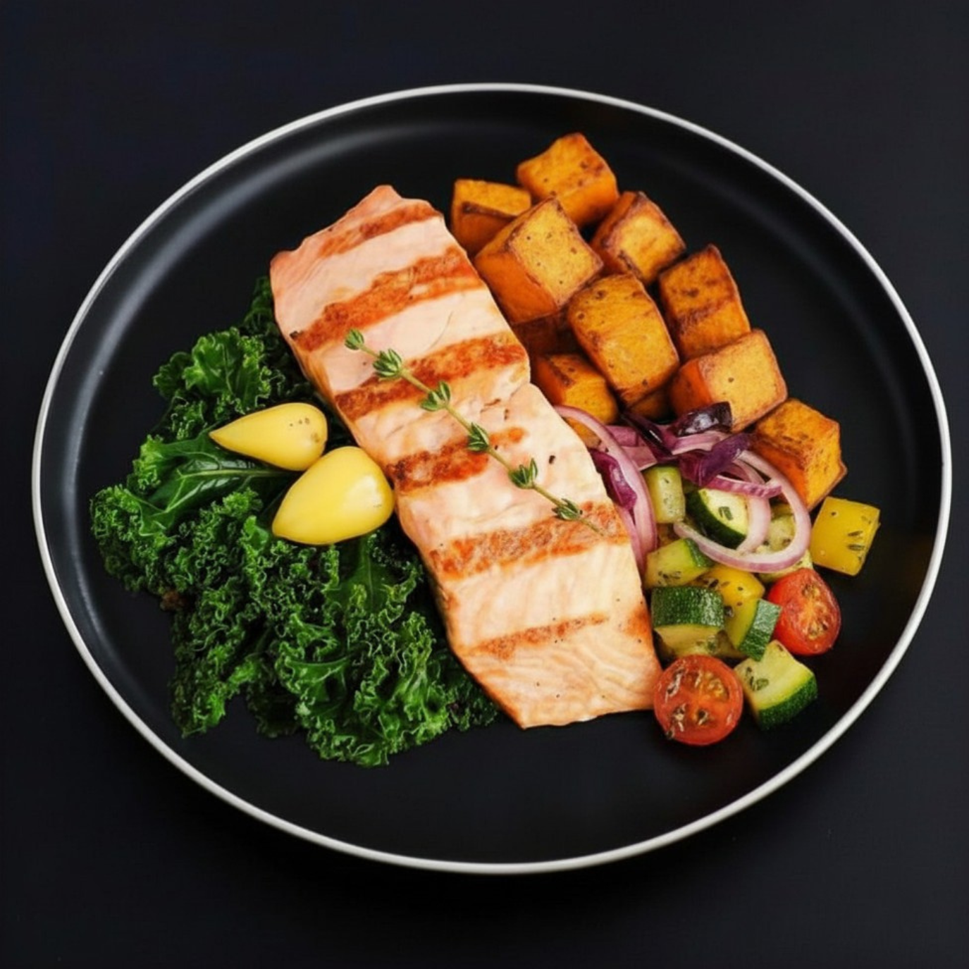 A plate of grilled salmon fillet accompanied by roasted sweet potatoes, kale and other assorted vegetables