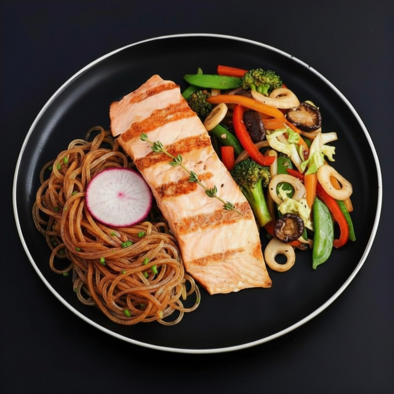 A plated meal on a black plate featuring grilled salmon, sweet potato noodles, mixed vegetables, and a radish slice along with asian-inspired assorted veggies photographed from above on a dark background.