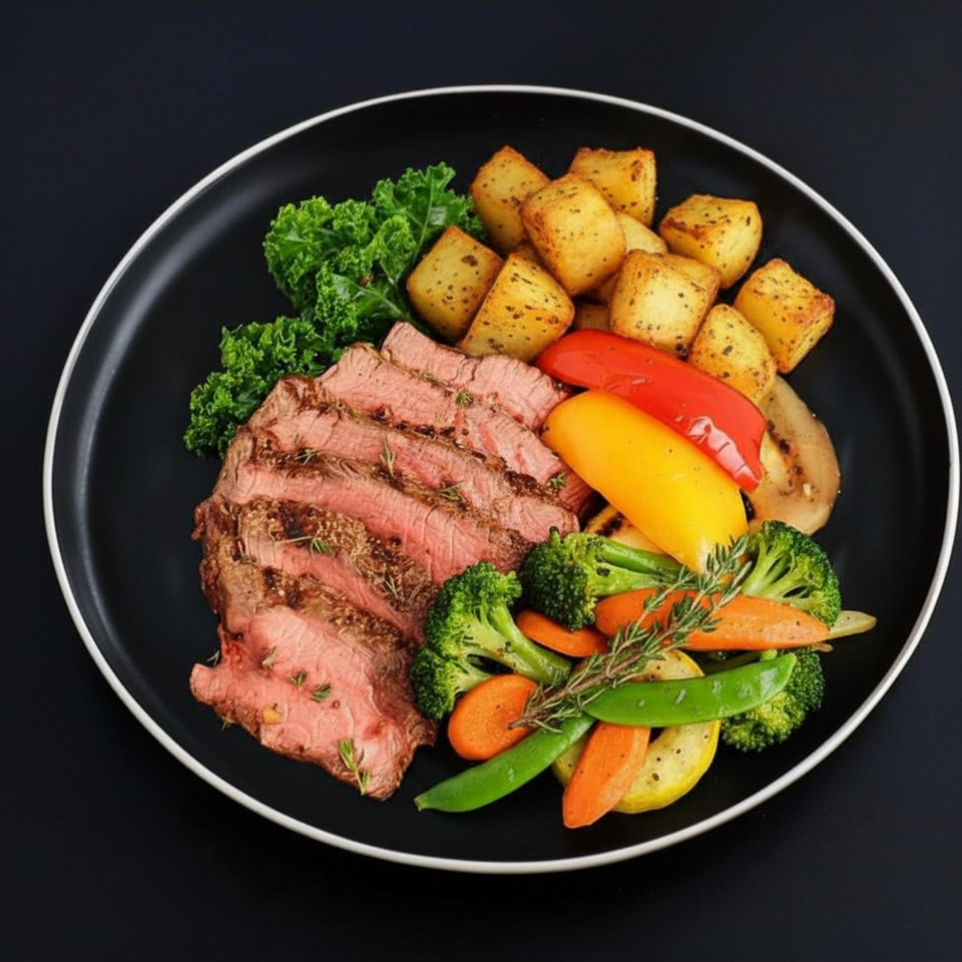 A plated meal on a black plate with a thin white rim, featuring sliced medium rare beef steak, roasted golden potato cubes, broccoli, carrots, snap peas, a red pepper slice, and a sprig of herb garnish, set against a dark background.
