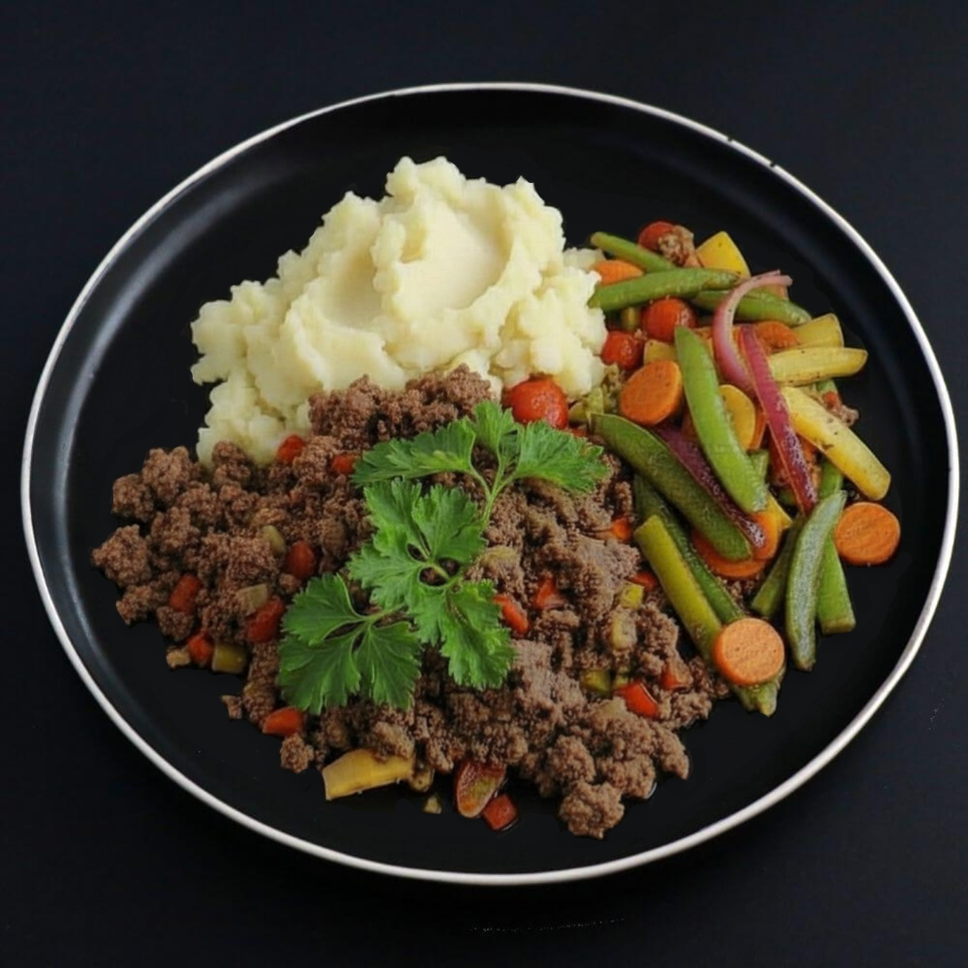 A plated meal on a black plate with mashed potatoes, ground lean beef, mixed vegetables including carrots, beans, and green onions, garnished with parsley, set against a dark background.