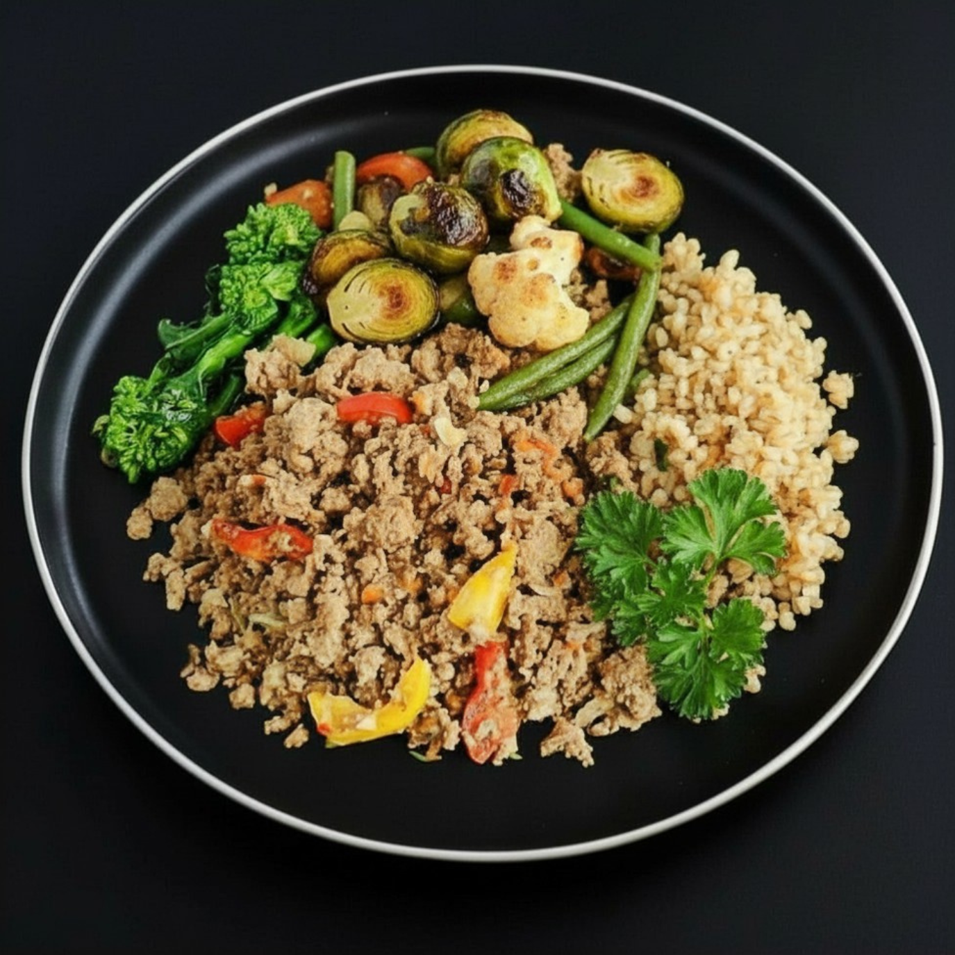 A plate of ground lean beef mixed with vegetables, served with bulgur and a side of green broccoli, brussel sprouts and green beans, garnished with parsley