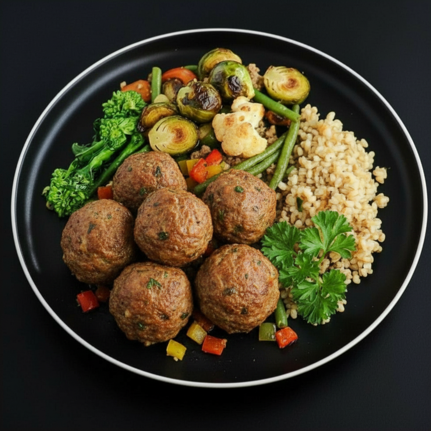 A plate of ground lean beef meatballs mixed with vegetables, served with bulgur and a side of green broccoli, brussel sprouts and green beans, garnished with parsley