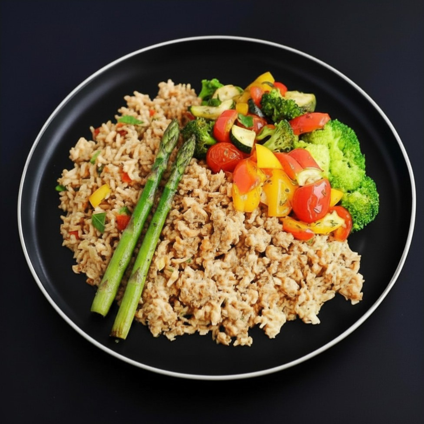 A plate of lean ground turkey served with brown rice, broccoli, mix of veggies and asparagus