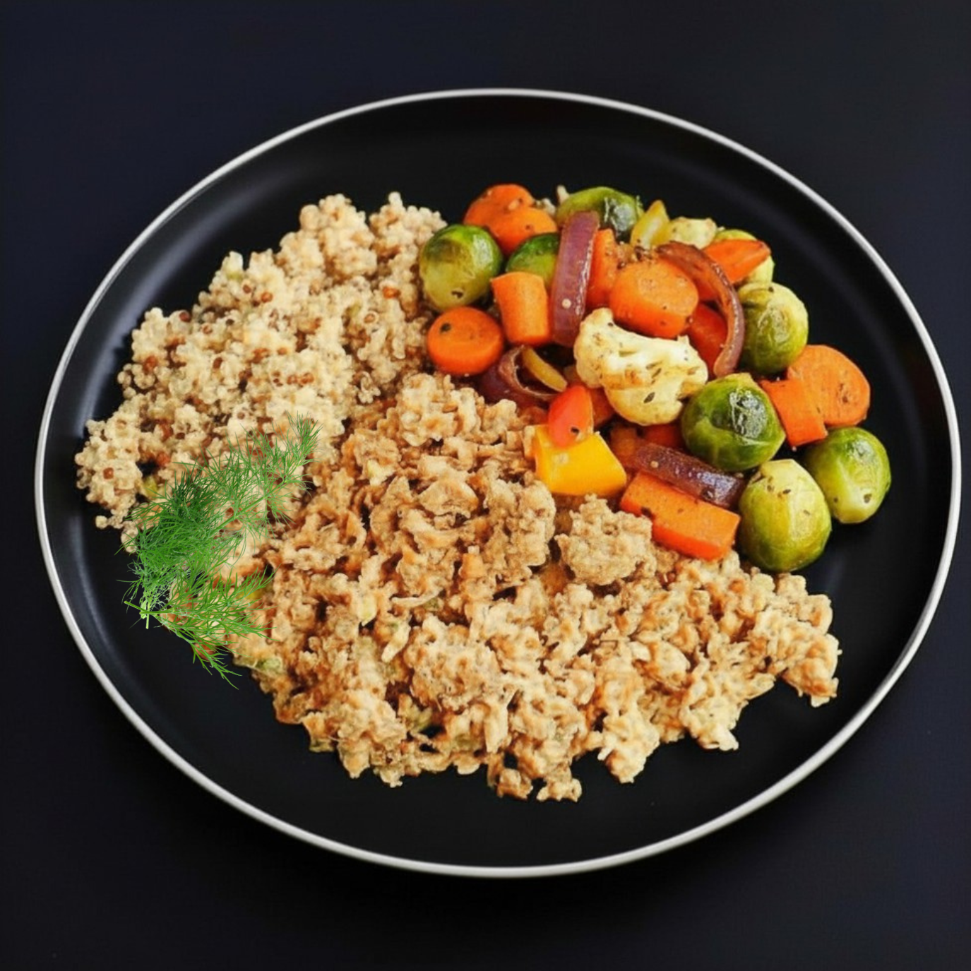 A top-down view of a black plate with a white rim, filled with cooked quinoa and lean ground turkey, mixed vegetables including carrots, Brussels sprouts, cauliflower, and dill, set against a dark background.