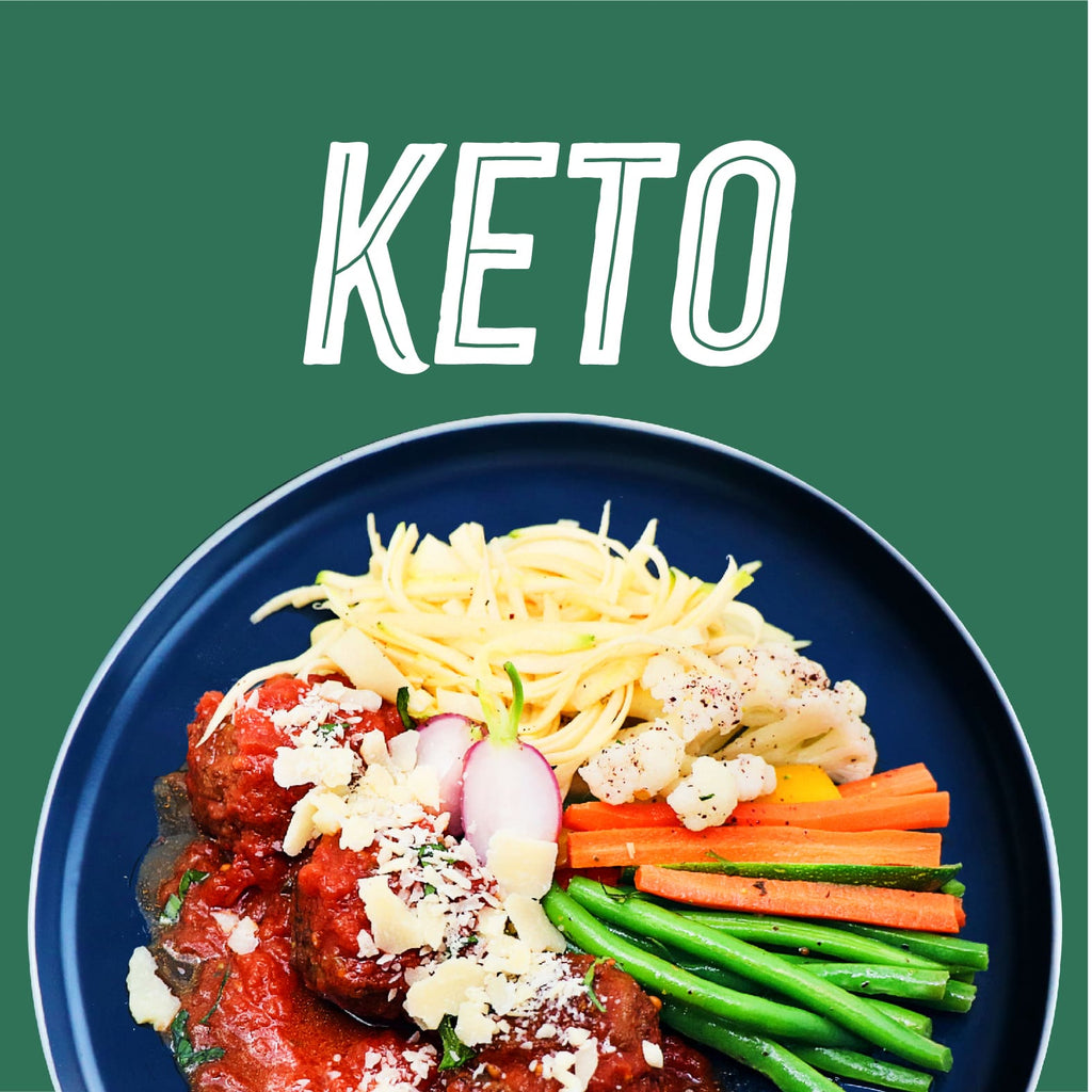Keto Meal Plan. Italian style meatballs with zucchini spaghetti topped with parmesan cheese. Comes with a side of seasonal vegetables. 