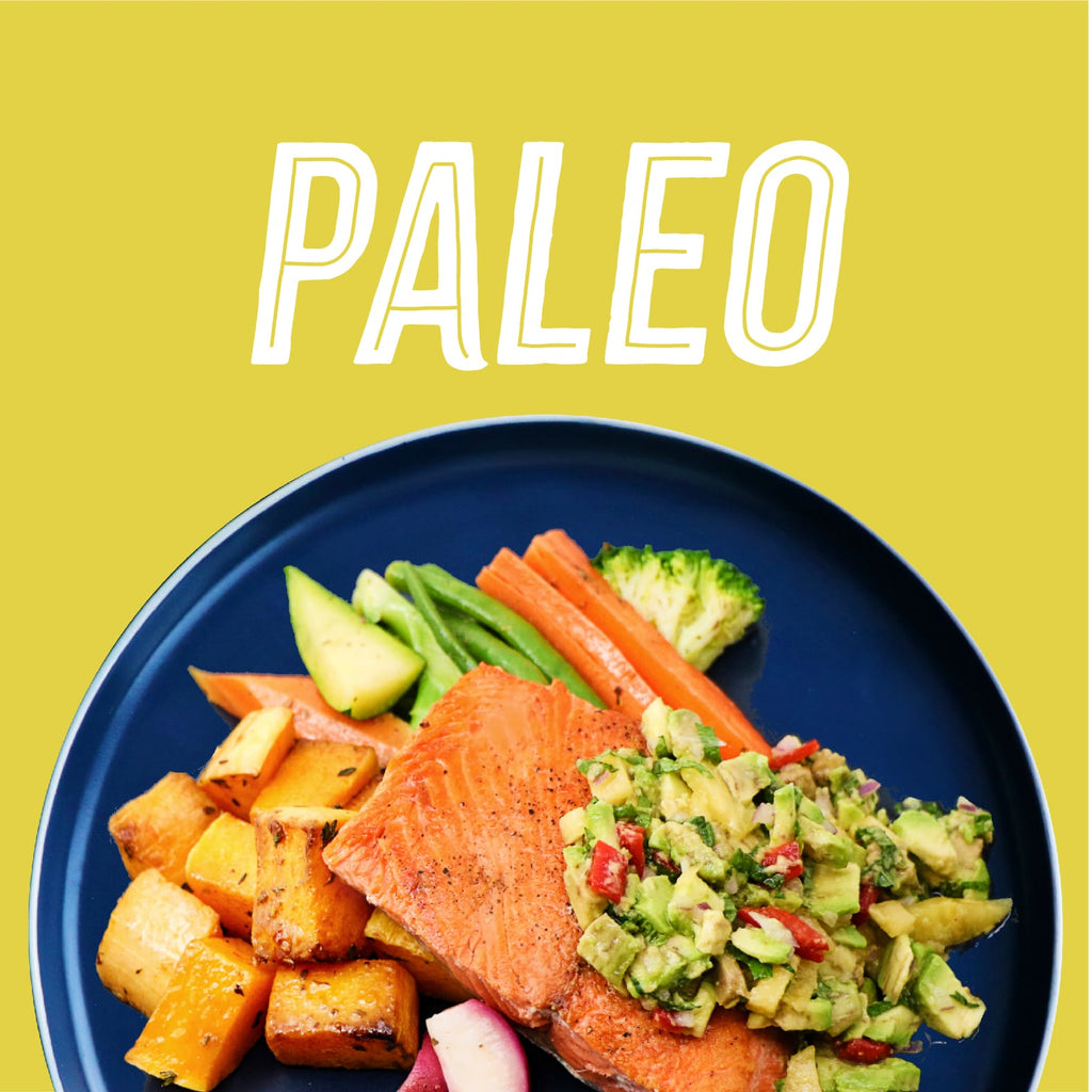 Paleo Meal Plan. Pan-seared salmon with roasted butternut squash. Complemented with mango-avocado salsa and a side of seasonal vegetables. 