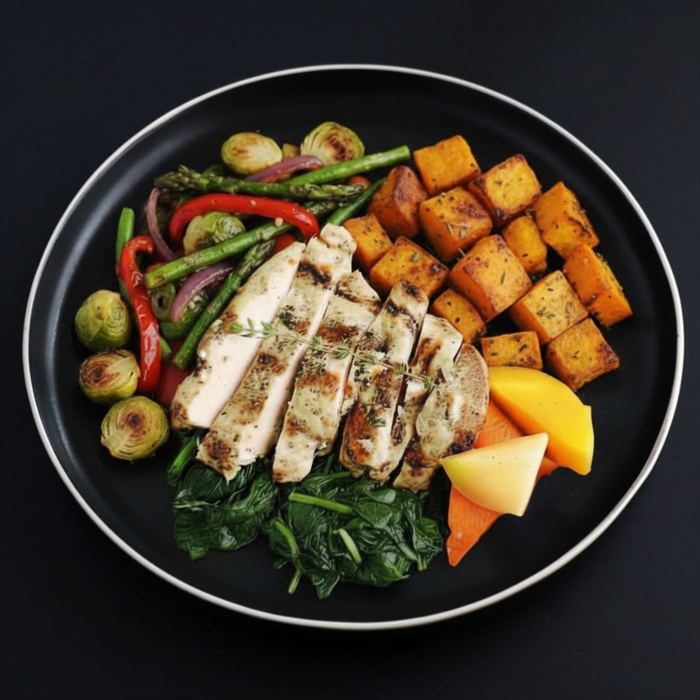 A plate containing grilled chicken breast and roasted sweet potatoes accompanied by various vegetables including asparagus, Brussel sprouts and bell peppers.