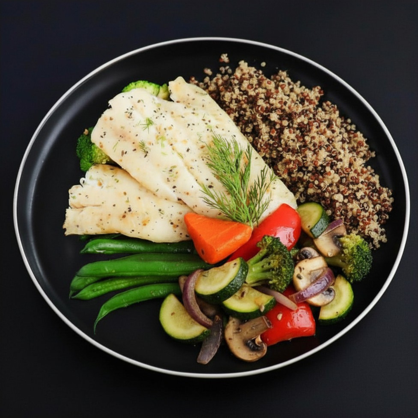 Plated dish with baked cod fillet, accompanied with quinoa and assorted vegetables on a black background