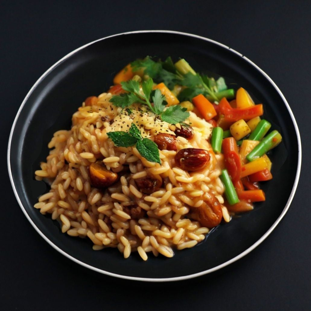 Plated dish of chestnut risotto with assorted vegetables on a black background
