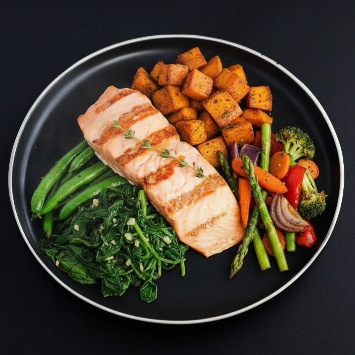 Plated dish with grilled salmon, roasted sweet potatoes, green beans, spinach, asparagus, carrots, and broccoli on a black background.