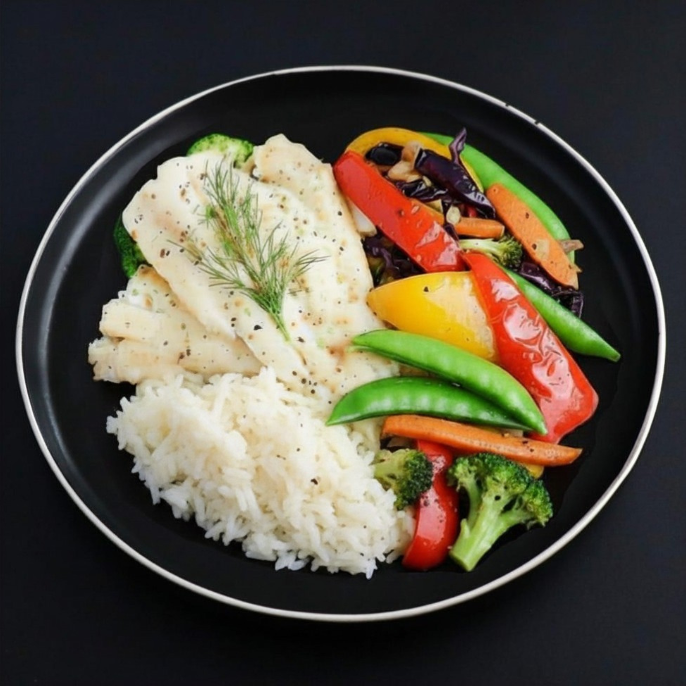 Plated dish with white fish fillet, jasmine rice, and colorful vegetables including broccoli, peppers, cabbage and snow peas on a black background