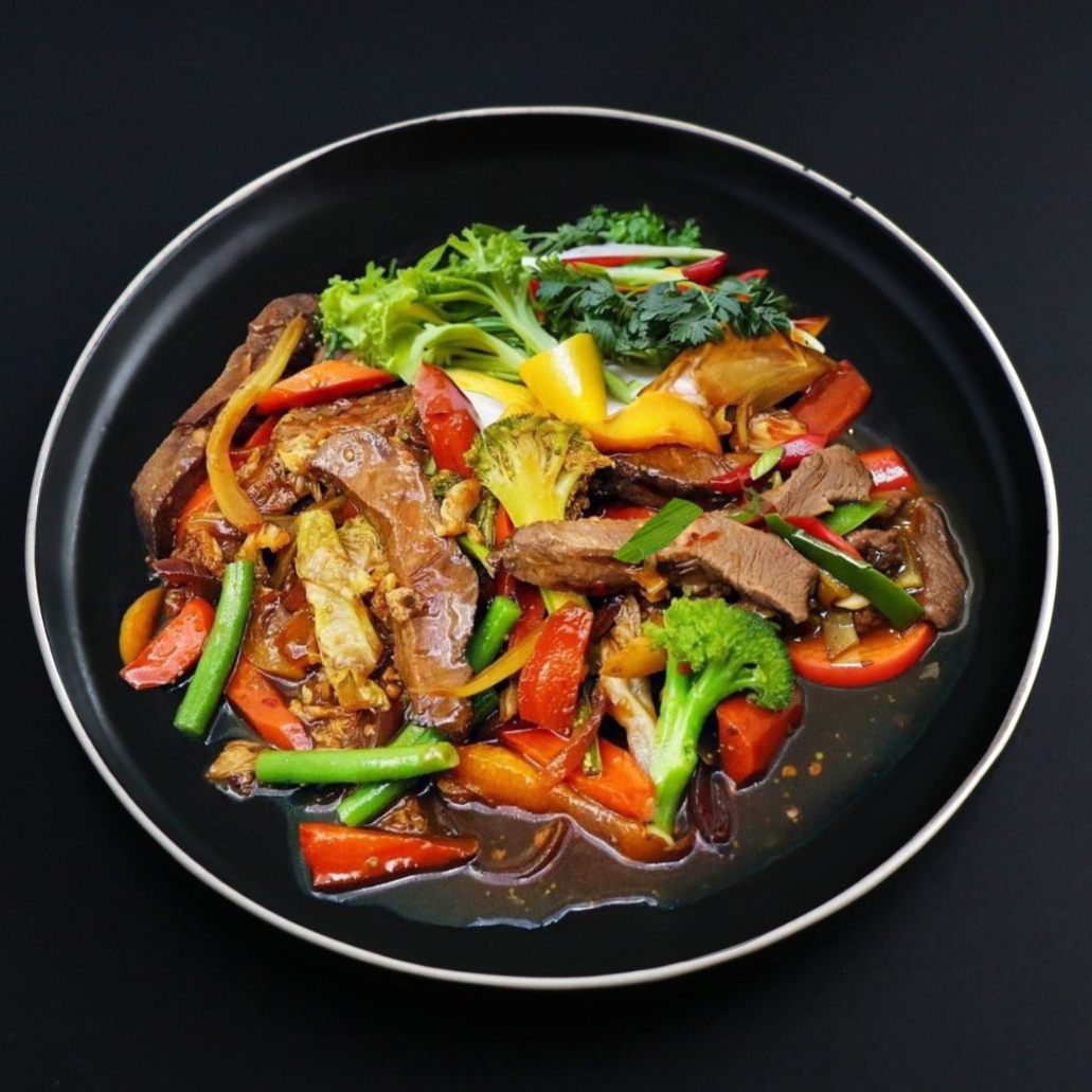 Balanced dish of juicy beef stir-fry, consisting of tender beef stripes and crunchy vegetables.