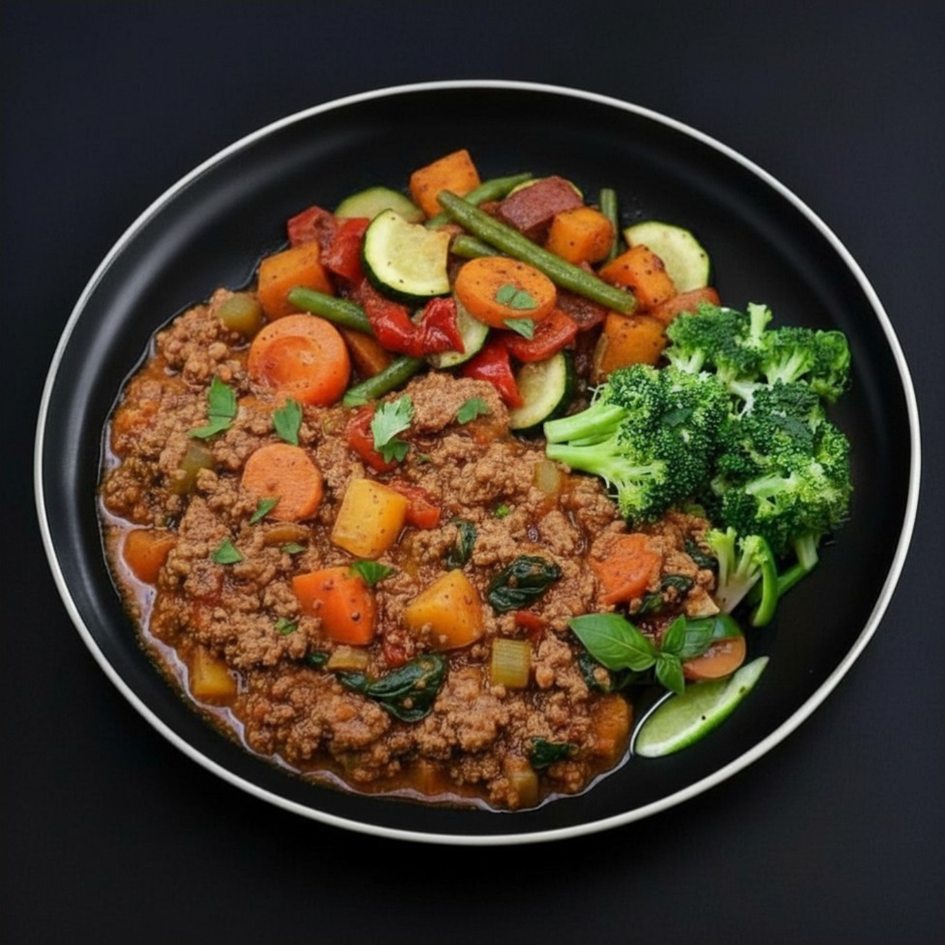 A plate of Mexican Turkey Stew with seasoned turkey, simmered vegetables, and zesty broth, garnished with cilantro and served with a side of vegetables.