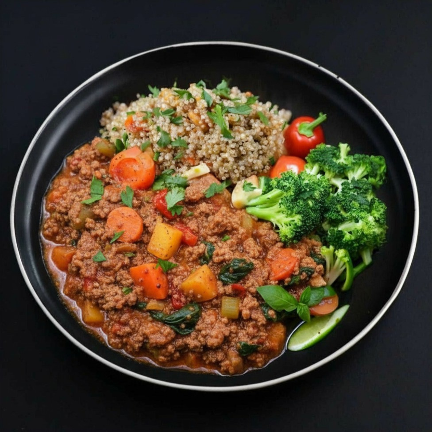 A plate of Mexican Turkey Stew with quinoa, accompanied by vegetables such as broccoli and cherry tomatoes, garnished with chopped herbs.