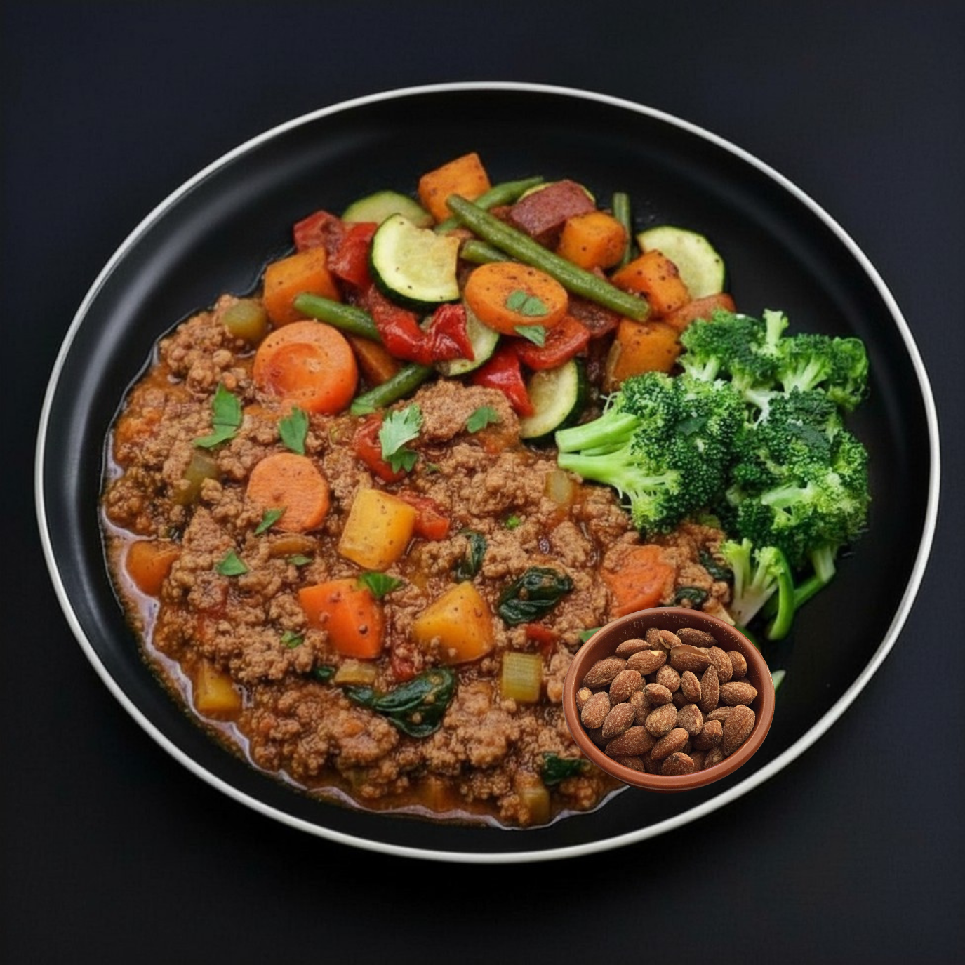 A plate of keto Mexican Turkey Stew with roasted almonds, accompanied by broccoli and cherry tomatoes, against a black background.