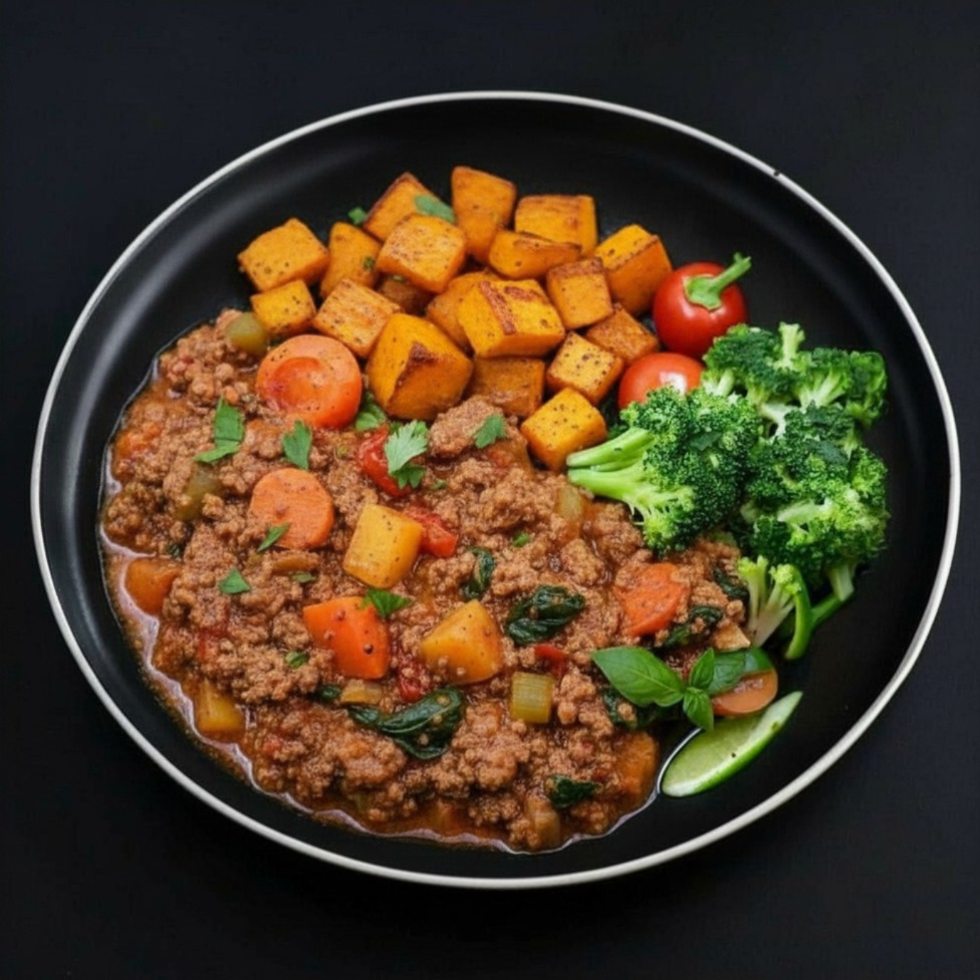 A plate of paleo Mexican Turkey Stew with vegetables, garnished with chopped herbs, including roasted butternut squash and broccoli on the side.