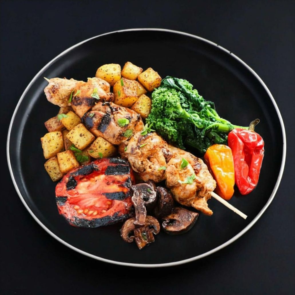 A chicken shish kebab skewered with a piece of broccoli on a black plate, alongside roasted potatoes, veggies and sliced tomatoes.