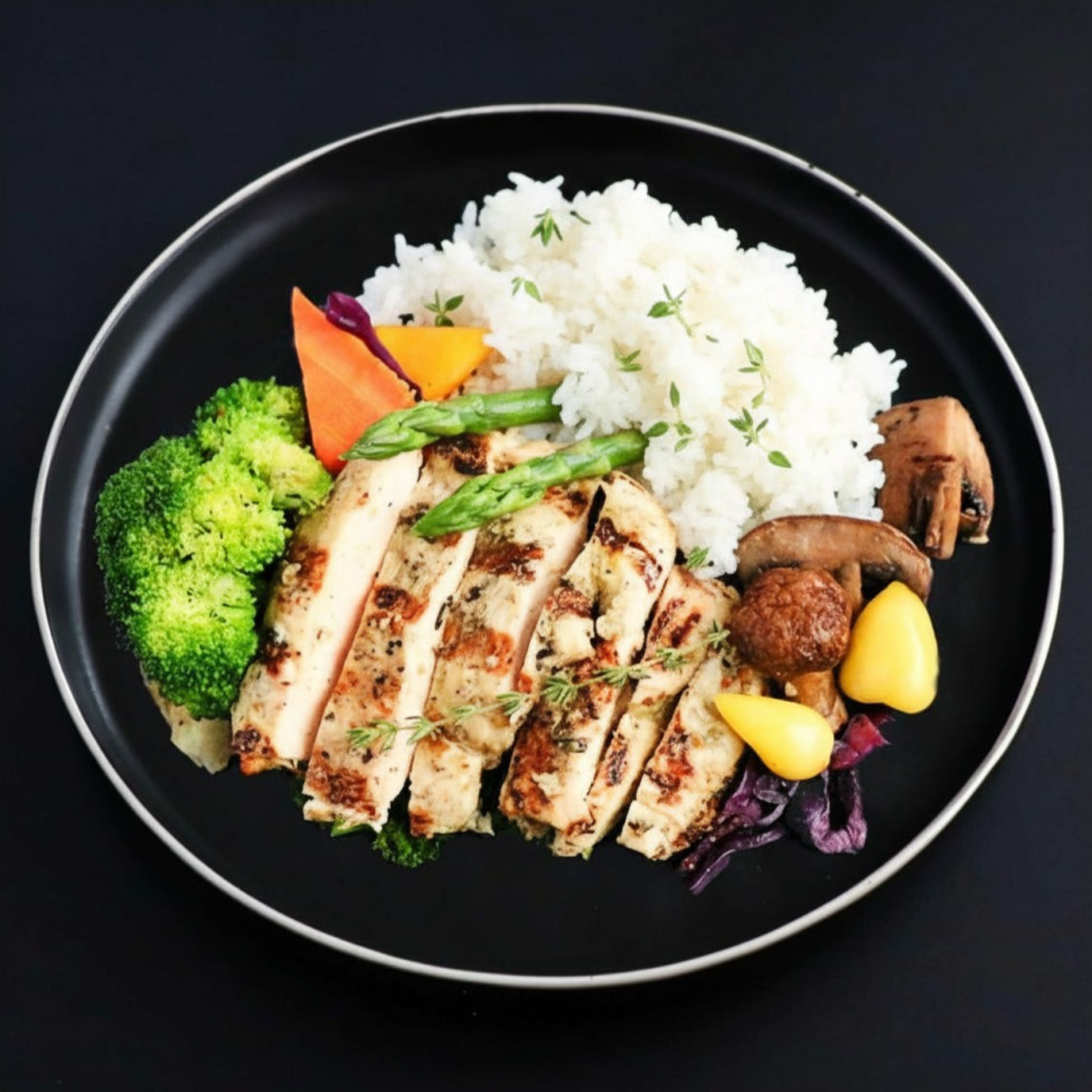 A plate of grilled chicken breast with side jasmine rice, peppers, mushrooms, broccoli and a sprig of thyme on a dark plate.