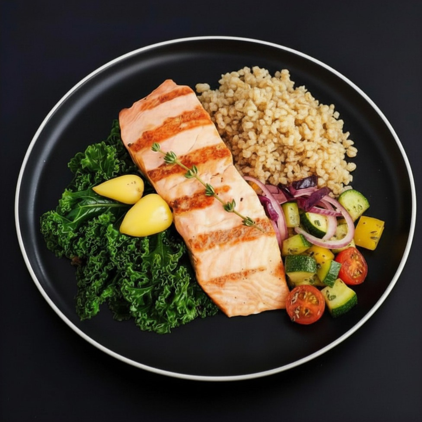 A dish containing grilled salmon, broccoli, carrot, zucchini and purple cabbage on a dark plate.