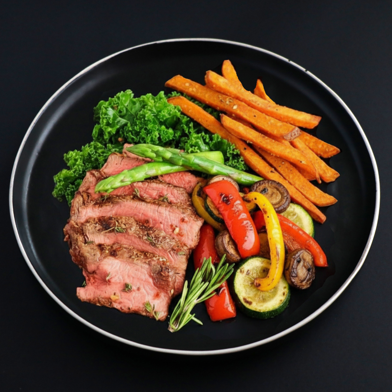 A plate of grilled beef steak with sweet potato fries, green beans, mushrooms, and a sprig of rosemary on a dark plate, set against a black background.