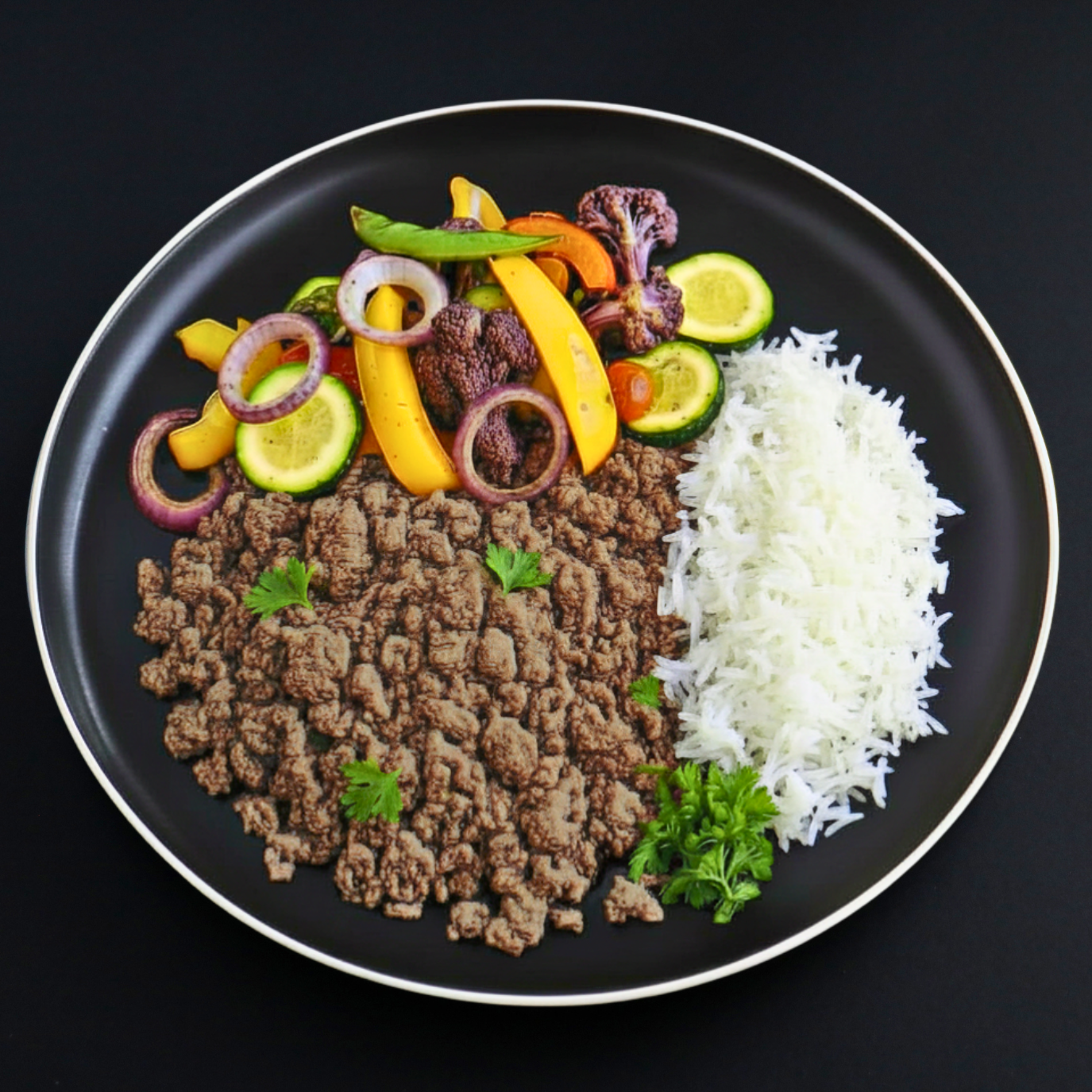 Plated dish with ground lean beef, basmati white rice, and colorful assorted vegetables on a black background