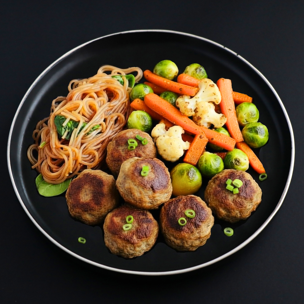 Platter of baked turkey meatballs, sweet potato glass noodles, carrots, cauliflower and brussel sprouts on a black background