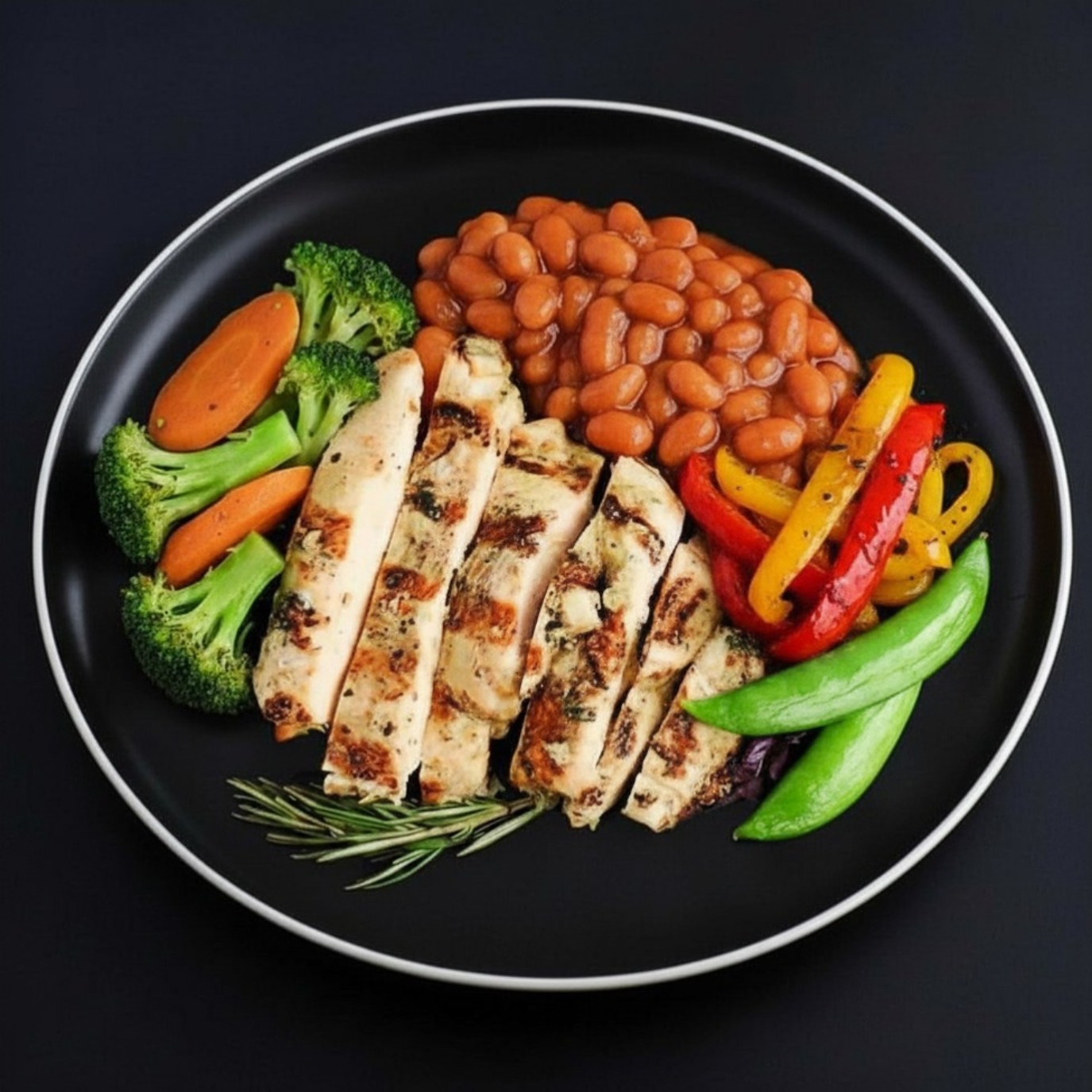 Plated dish with grilled chicken breast, baked beans, and colorful vegetables on a black background