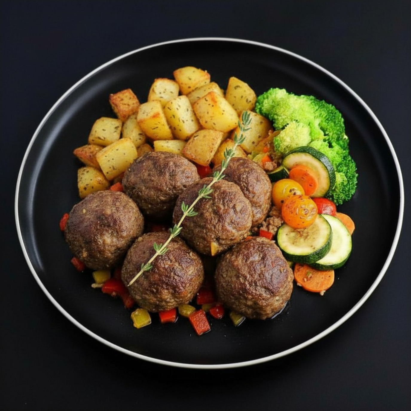 Plated dish of beef meatballs with a side of roasted potato bites and assorted vegetables on a black background