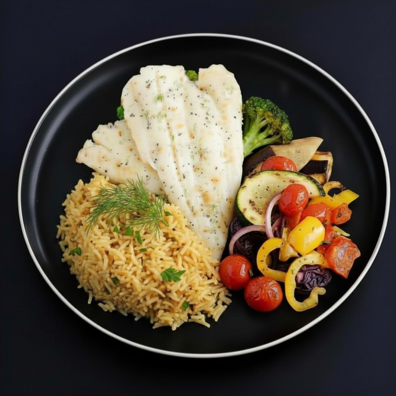 A plated meal on a black plate with a thin white rim, featuring baked white fish, rice pilaf, broccoli, zucchini, red onion, and mixed cherry tomatoes on a dark background.