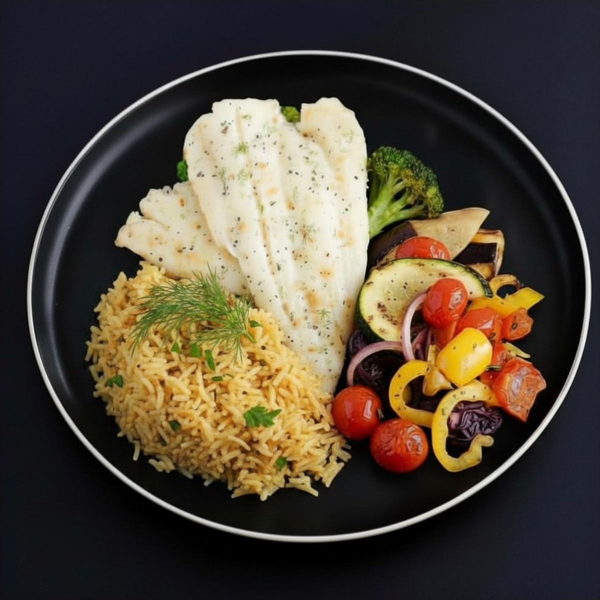 A plated meal on a black plate with a thin white rim, featuring baked white fish, rice pilaf, broccoli, zucchini, red onion, and mixed cherry tomatoes on a dark background.