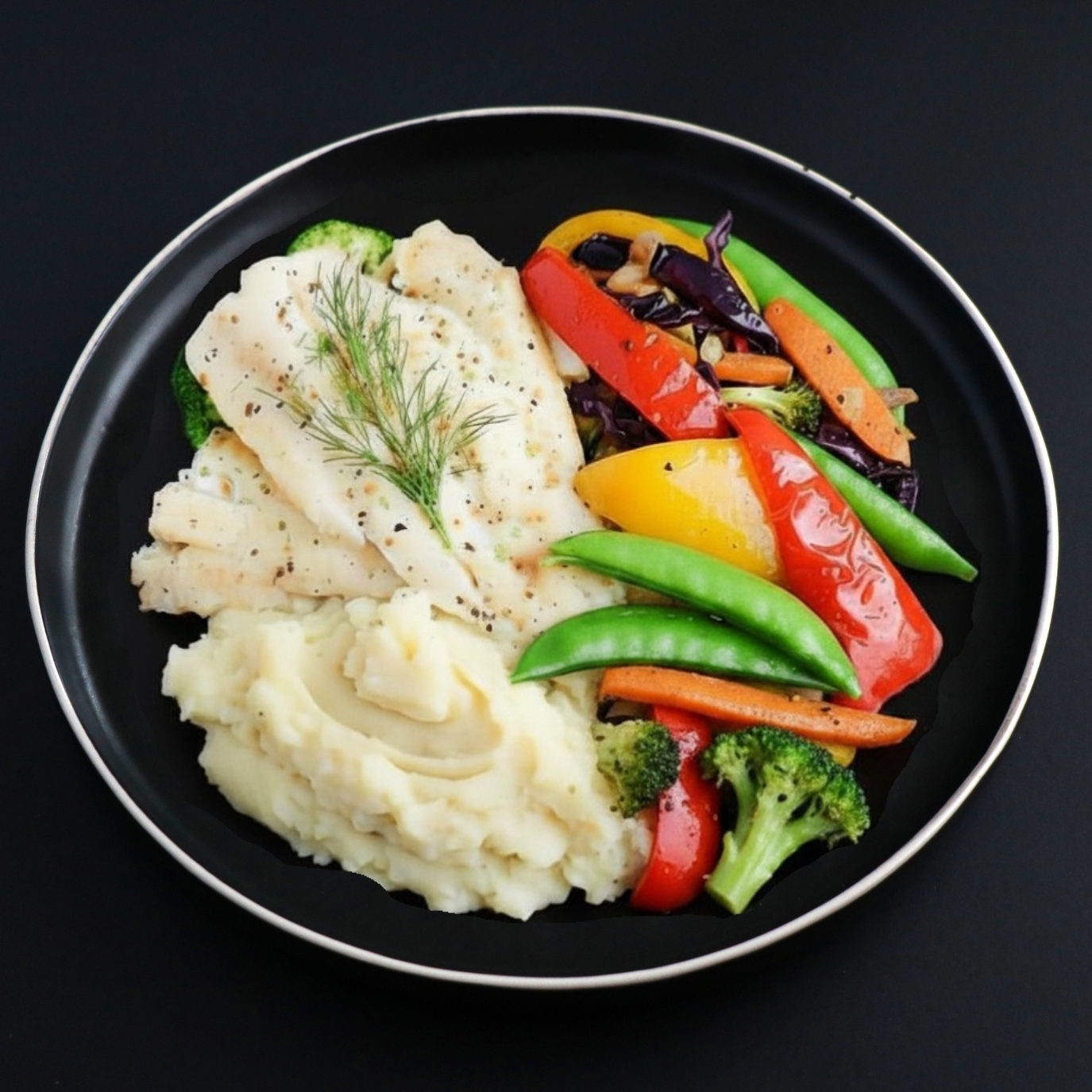 A plate with baked cod fillet accompanied by a side of mashed potatoes and vegetables, including snow peas and bell peppers.