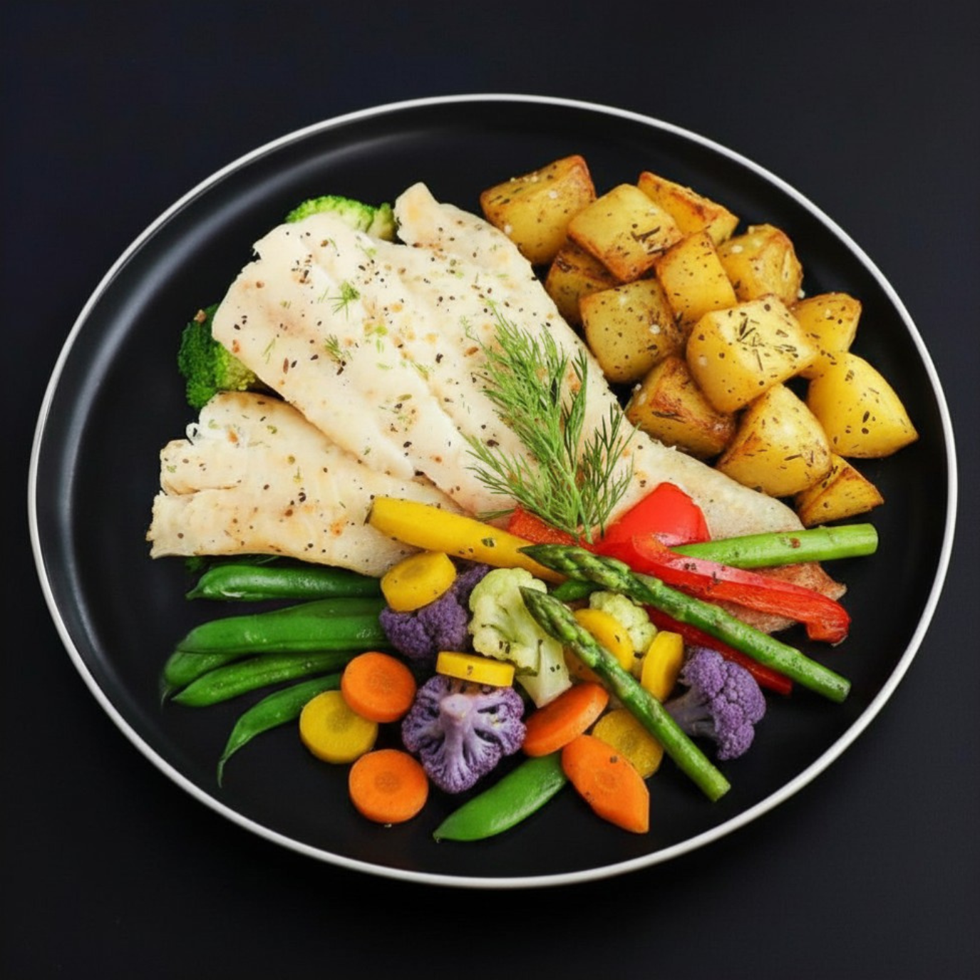 Baked cod fillet with roasted potatoes, bell peppers, carrots and broccoli on a black plate, garnished with dill.