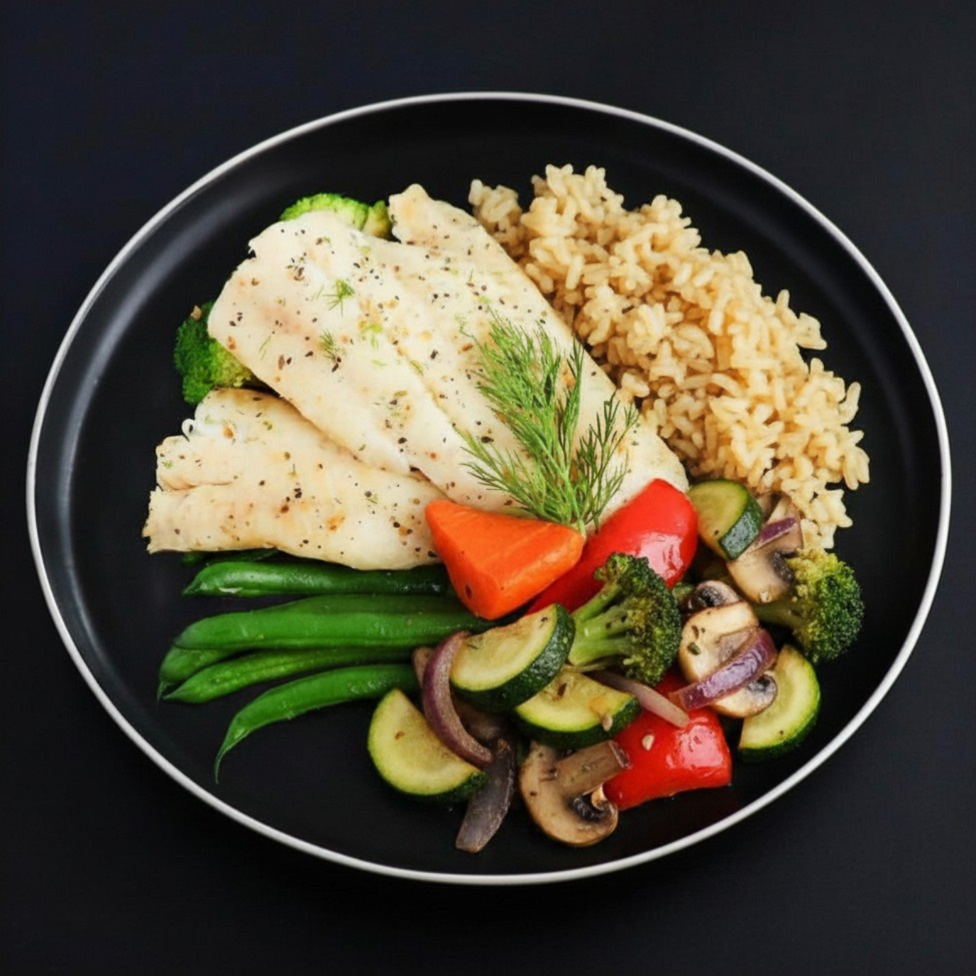 A plate with baked cod fillet accompanied by steamed green beans, broccoli, zucchini and bell peppers, sided with brown rice.