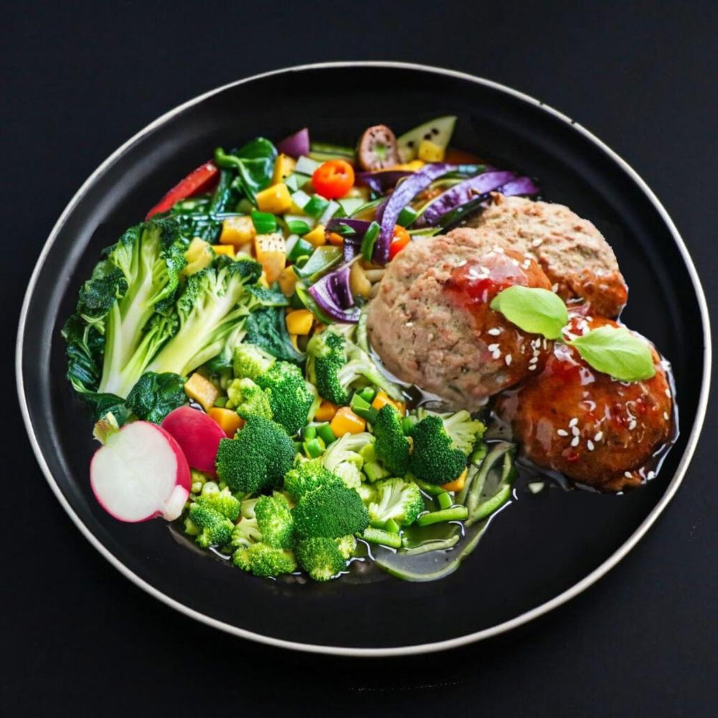 A plate of Asian Turkey Meatballs served with a side of vegetables including broccoli, radish, and bok choy, garnished with a drizzle of sauce and fresh herbs.