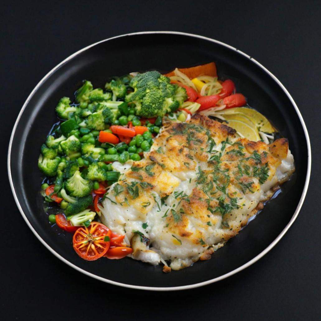 A piece of a balanced Baked Cod Florentine with a side of assorted vegetables on a black plate 