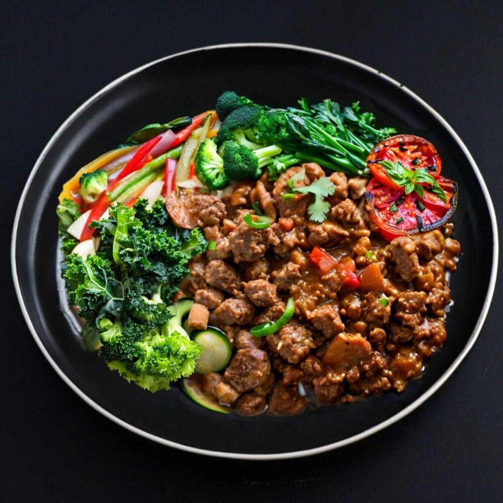 A plate of Balanced Menu K, which includes ground beef vindaloo (mild) with vegetables such as broccoli, bell peppers, and tomatoes.