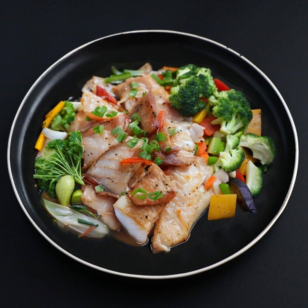 A plate of tender miso glazed cod served with steamed vegetables, including broccoli and bell peppers.