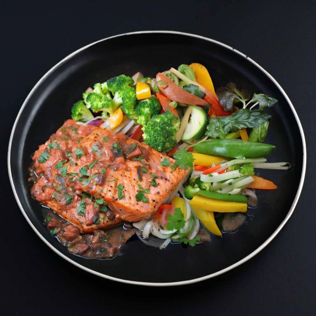 Black plate featuring juicy piece of salmon, covered with puttanesca sauce and accompanied with assorted seasonal veggies