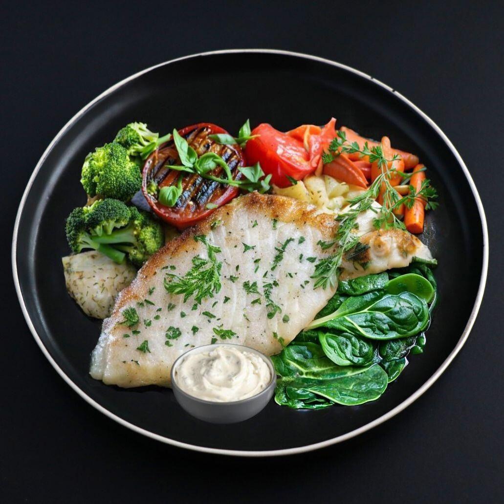 A plate with baked cod fish topped with tartar sauce and surrounded by steamed vegetables, including broccoli and spinach, with a small dish of sauce on the side.